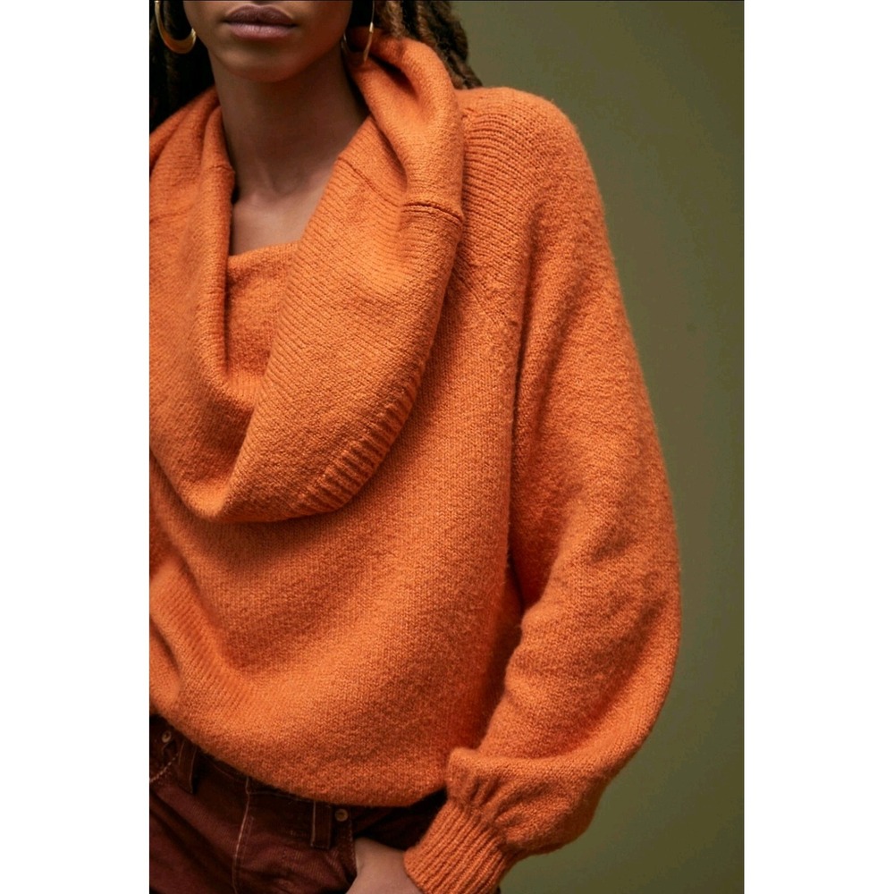 Anthropologie Slouchy Cowl Neck Sweater Cozy Boho Orange Cotton Blend XL Relaxed